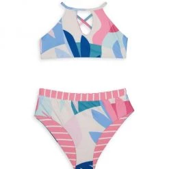 Splendid Girl's 2-Piece Striped Mosaic Palm Hi-Neck Bikini Set For Kids